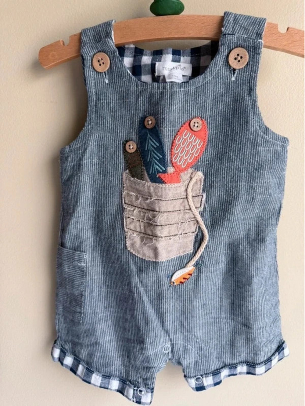 Mud Pie Baby Boy Size 3-6M Blue Striped Fishing Bobber Romper Shortalls